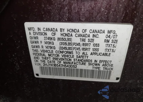 2007 Honda Ridgeline Rtl из США, поврежденный, VIN 2HJYK16547H543052